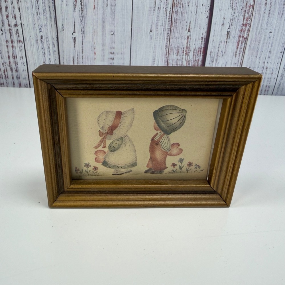 Vintage Folk art Primitive Prints Boy And Girl print framed wood 4.5x3"